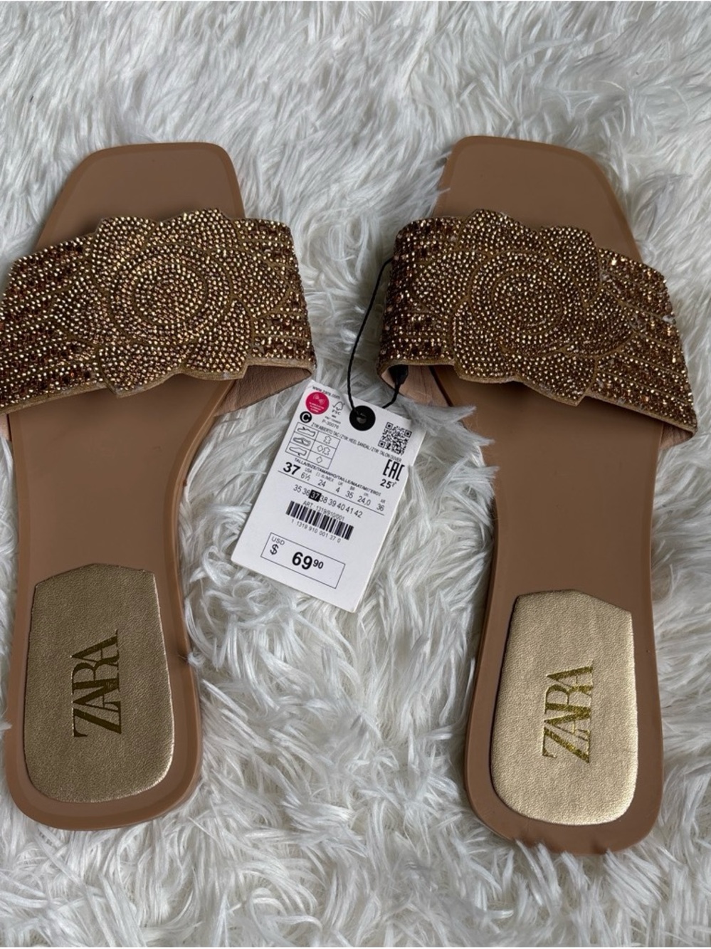 Zara Tan Floral Beaded Slide Mules